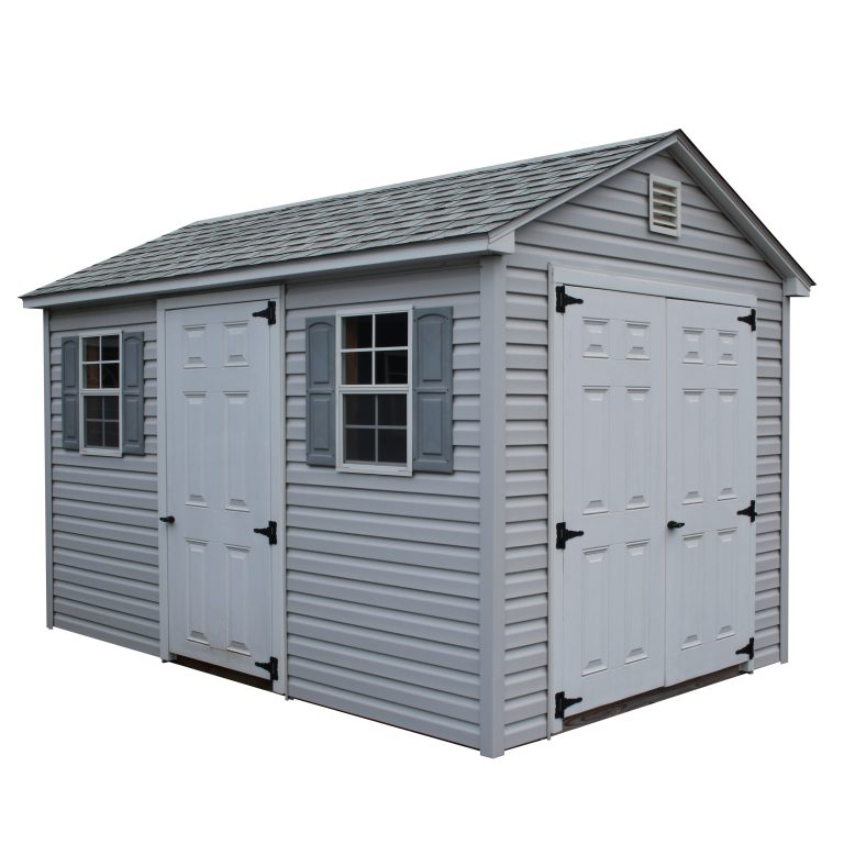 An A-Frame shed, shown here with Vinyl Siding and Double Doors.
