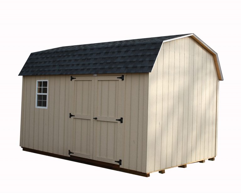 A Dutch Barn storage shed, shown here with white Duratemp siding and shingled roof.