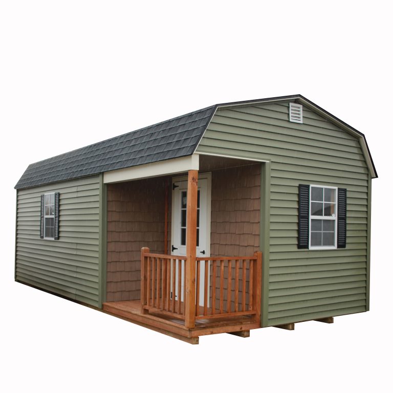 An adapted Dutch Barn building, shown here built to function as a small cabin. Shown here with Green Vinyl siding, shingled roof and additional porch. Note the Tando shake-shingle accents added in the porch area!